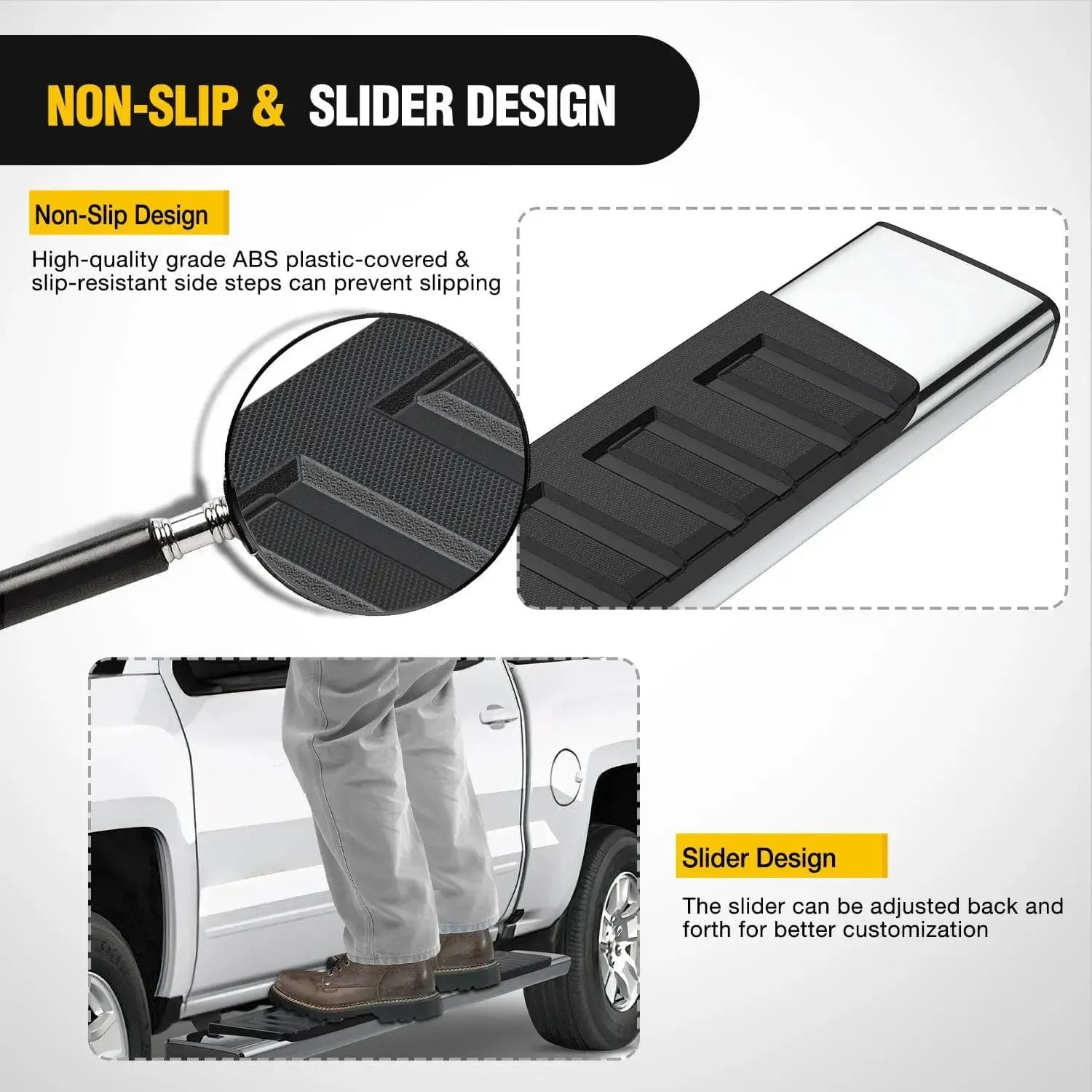 2007-2018 Chevy Silverado/GMC Sierra 1500 Crew Cab 2007-2019 Chevy Silverado/GMC Sierra 2500HD 3500HD 6 Inch Slip-Proof Stainless Steel Side Step Nerf Bars Running Boards