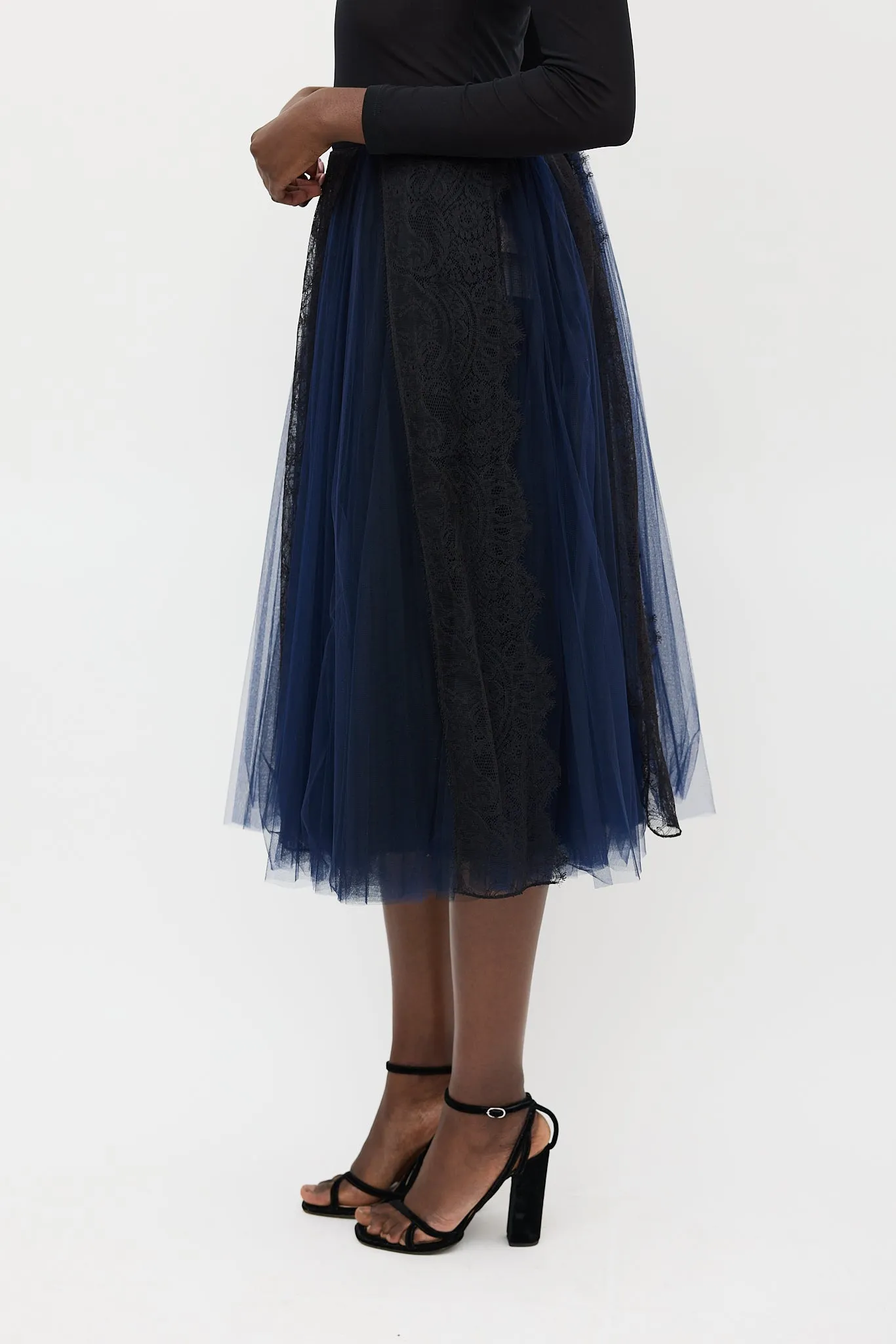 Black & Navy Silk Floral Mesh Skirt