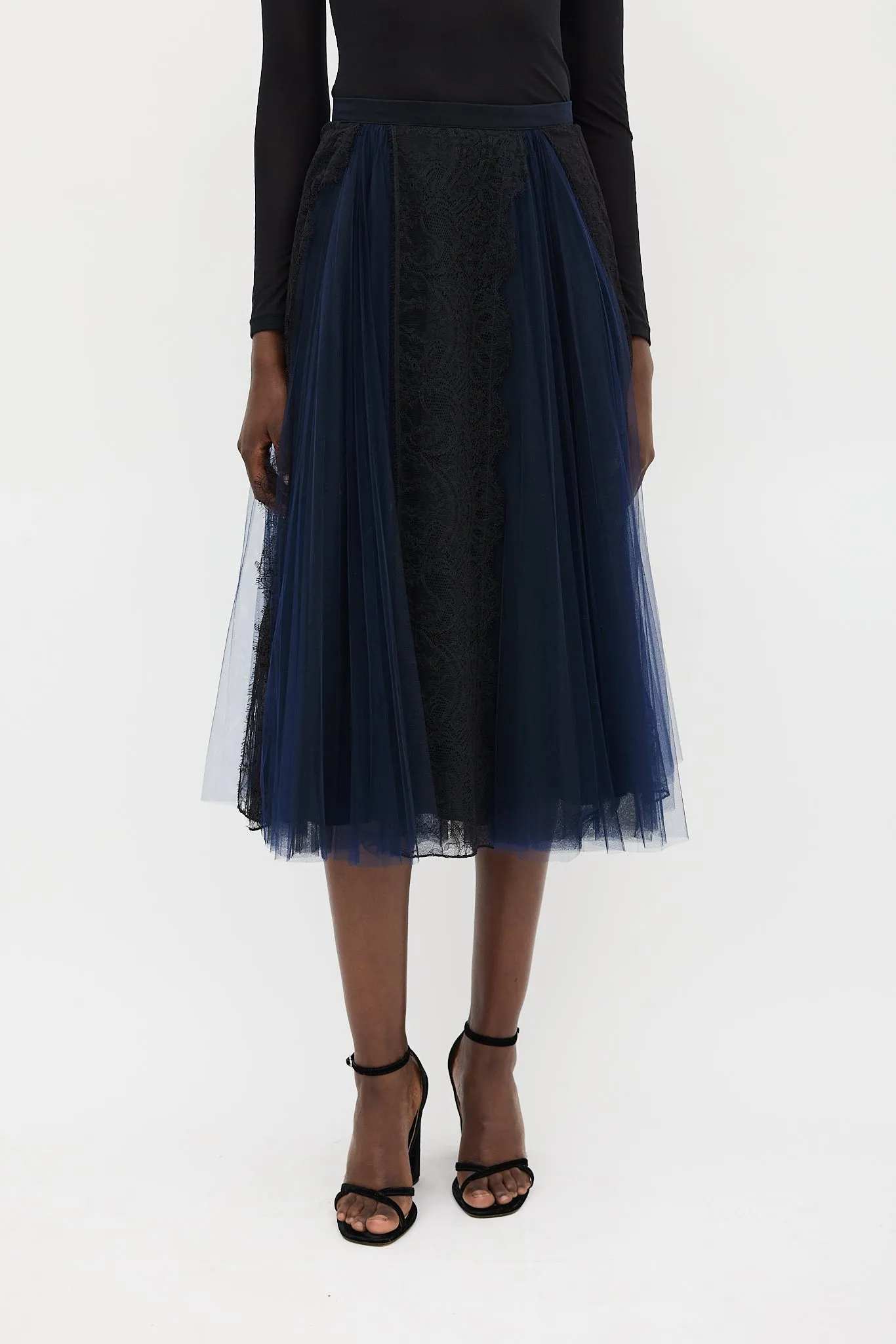 Black & Navy Silk Floral Mesh Skirt