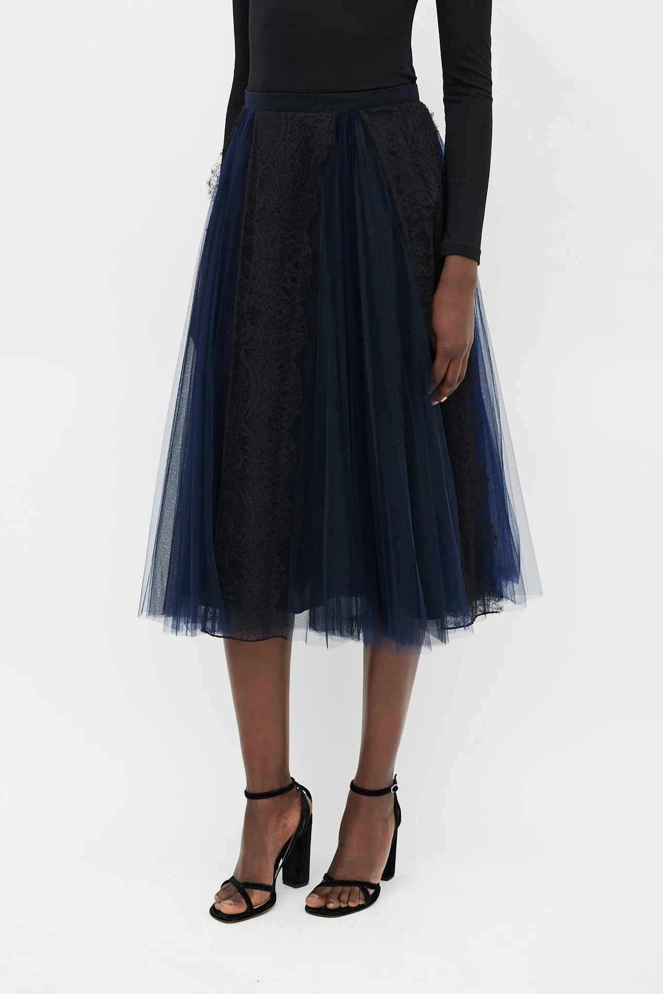 Black & Navy Silk Floral Mesh Skirt