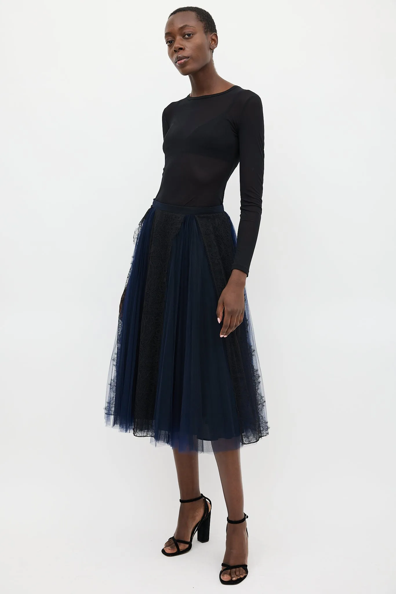 Black & Navy Silk Floral Mesh Skirt