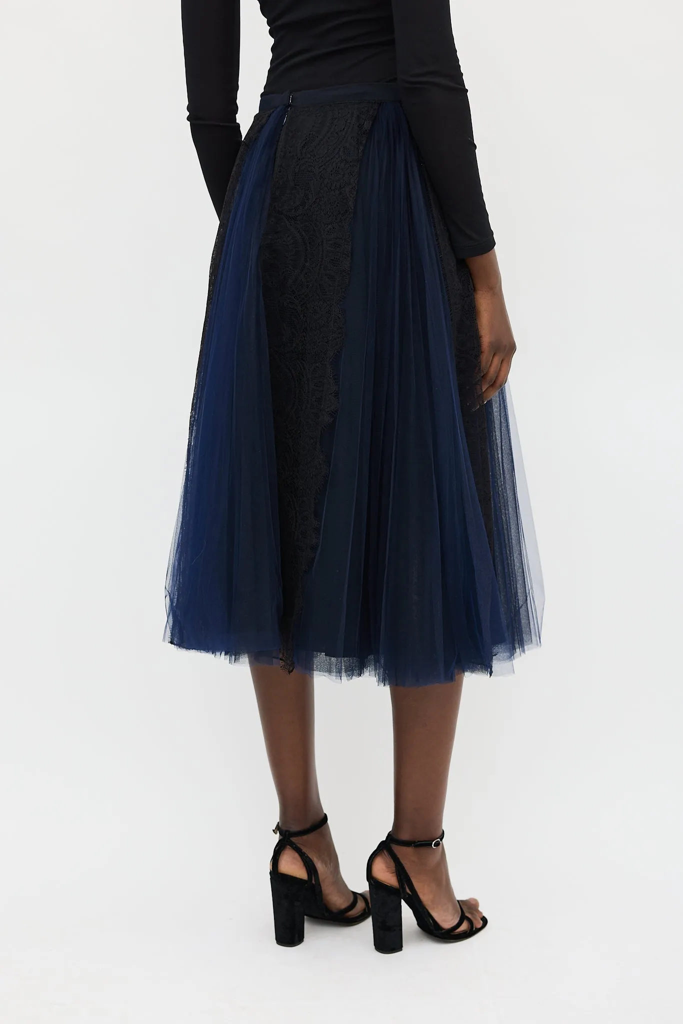 Black & Navy Silk Floral Mesh Skirt
