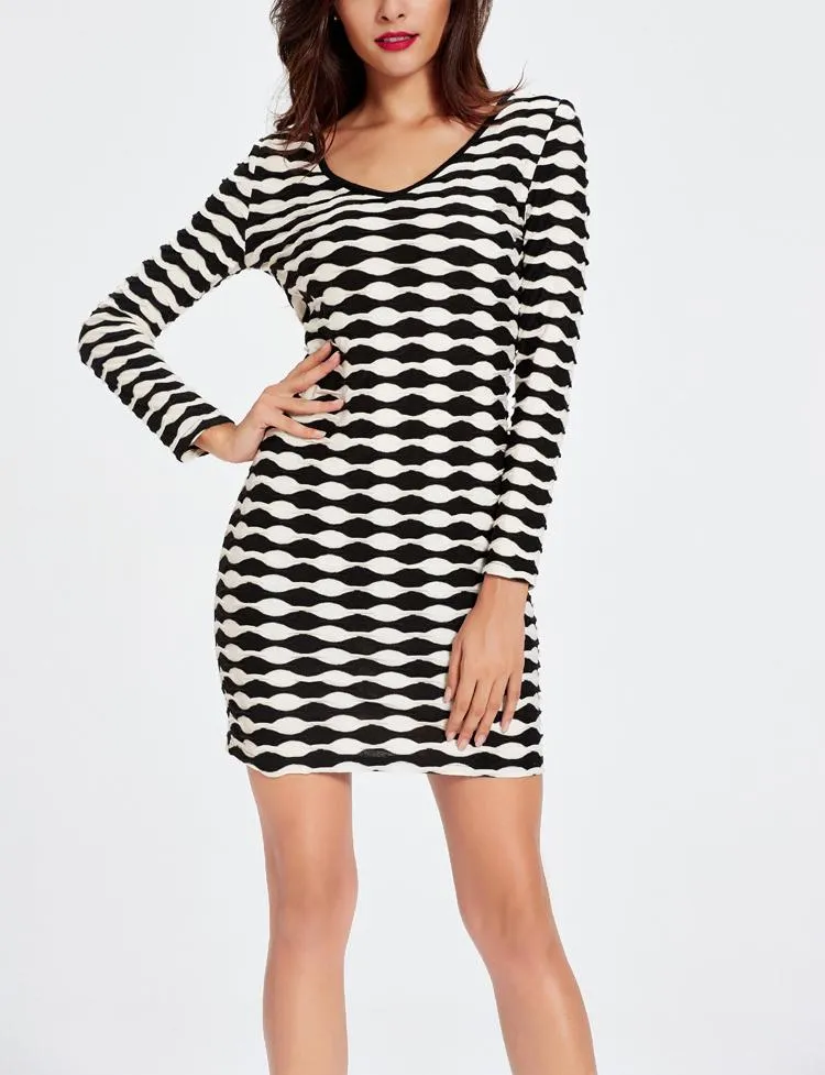 Black And White Striped Knit Bodycon Dress