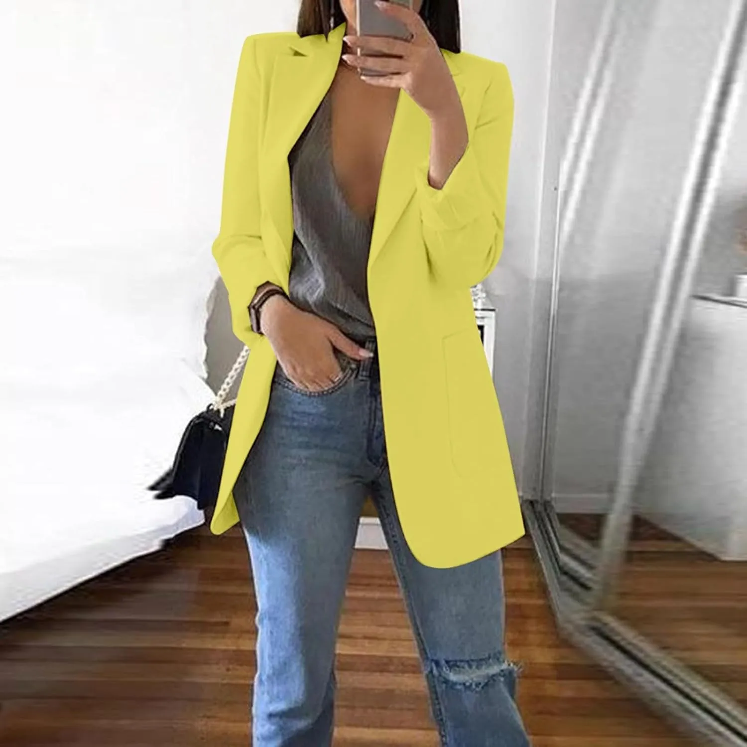 Blazers for Women 2024 Winter Open Front Long Sleeve Work Jackets Coat Business Casual Lapel Suit Jacket with Pocket