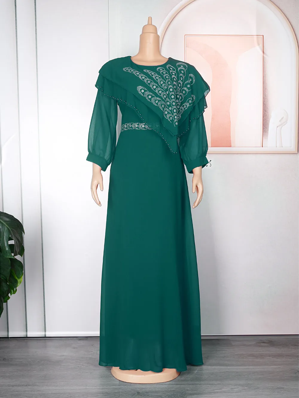 Chiffon Long Sleeve Rhinestone Maxi Dresses