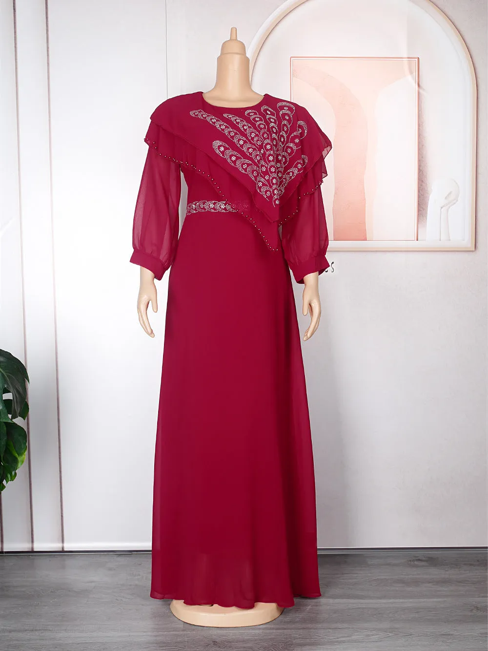 Chiffon Long Sleeve Rhinestone Maxi Dresses