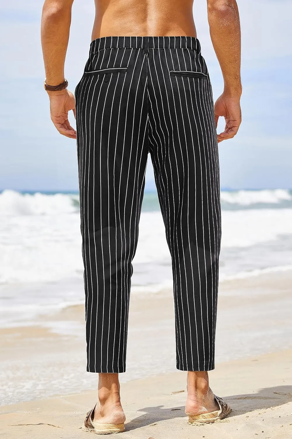 COOFANDY Men's Cotton Linen Pants Elastic Waist Lightweight Casual Pants Slim Fit Yoga Beach Pants with Pockets