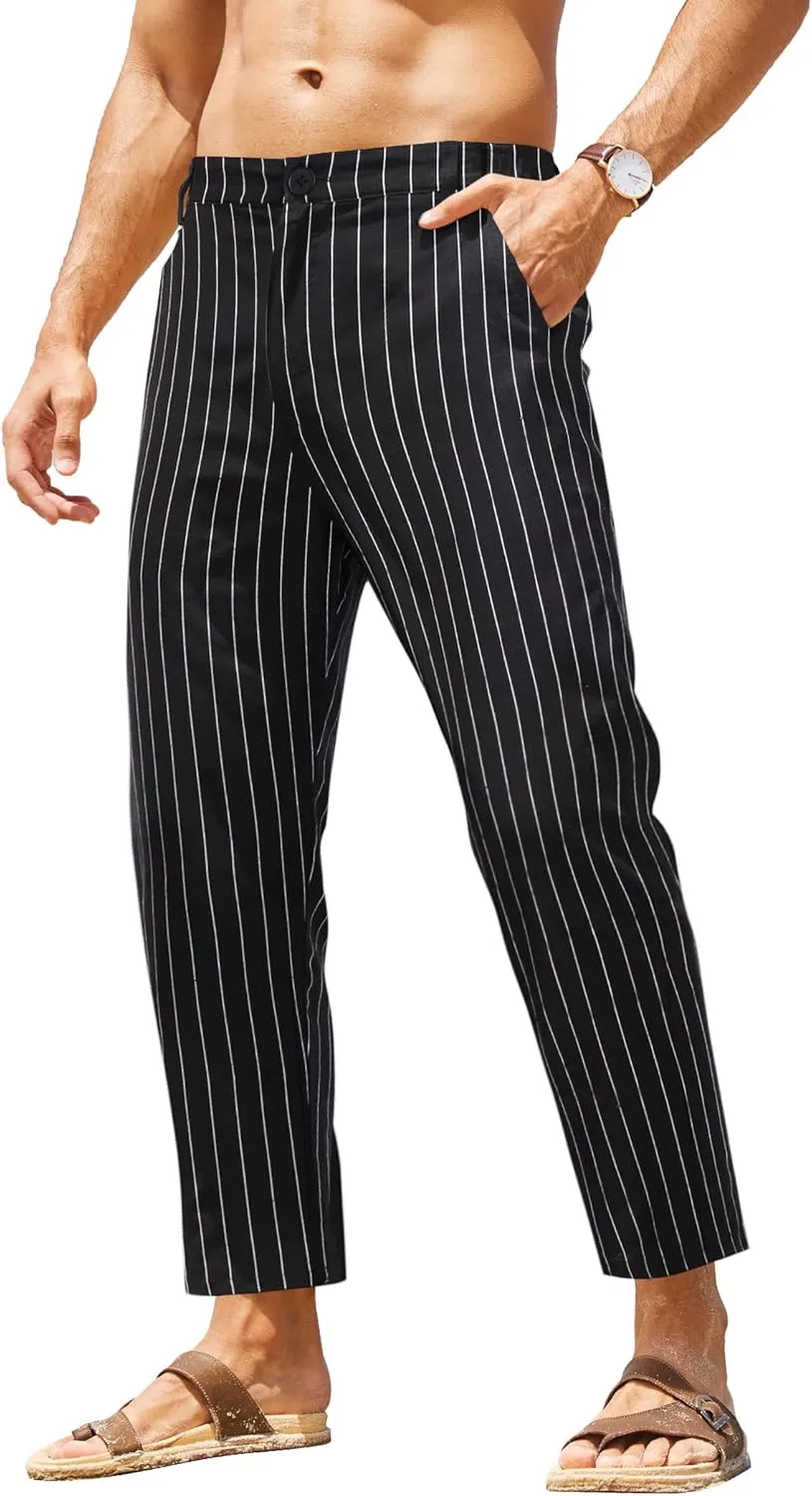 COOFANDY Men's Cotton Linen Pants Elastic Waist Lightweight Casual Pants Slim Fit Yoga Beach Pants with Pockets