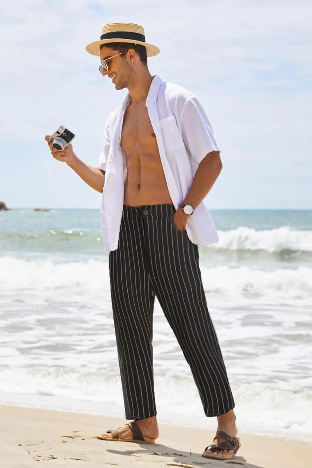 COOFANDY Men's Cotton Linen Pants Elastic Waist Lightweight Casual Pants Slim Fit Yoga Beach Pants with Pockets