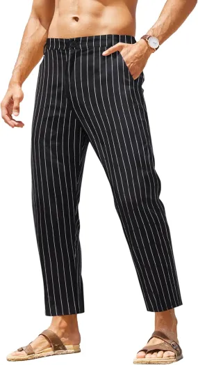 COOFANDY Men's Cotton Linen Pants Elastic Waist Lightweight Casual Pants Slim Fit Yoga Beach Pants with Pockets