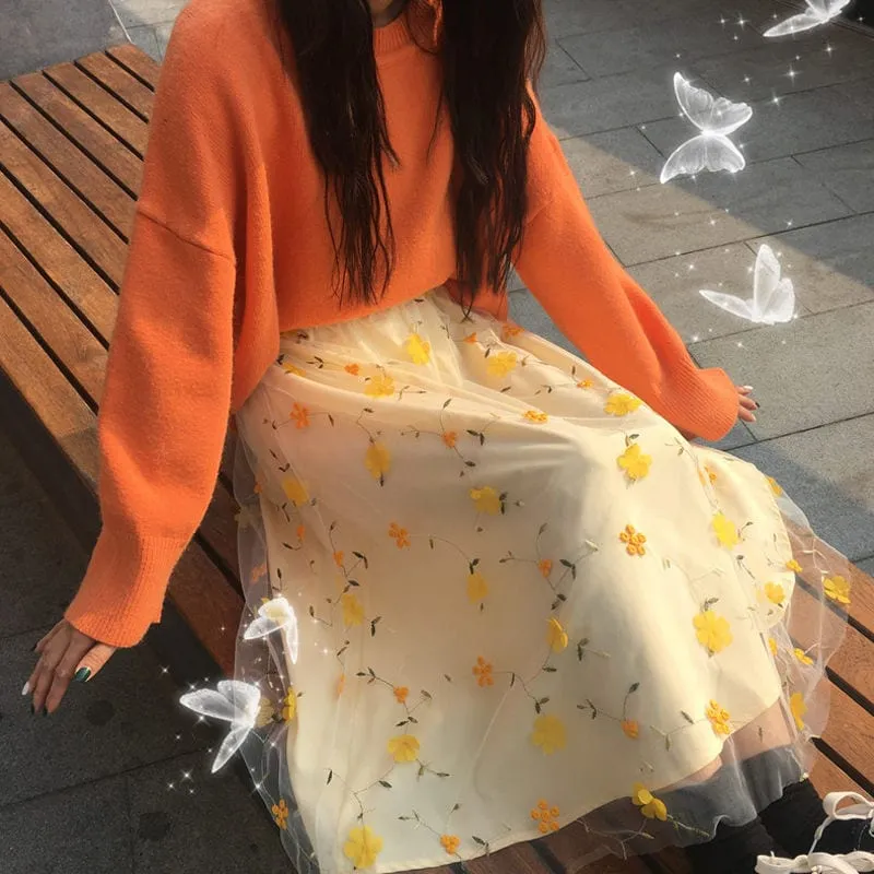 Cute Flower Embroidered Lace Mesh Skirt