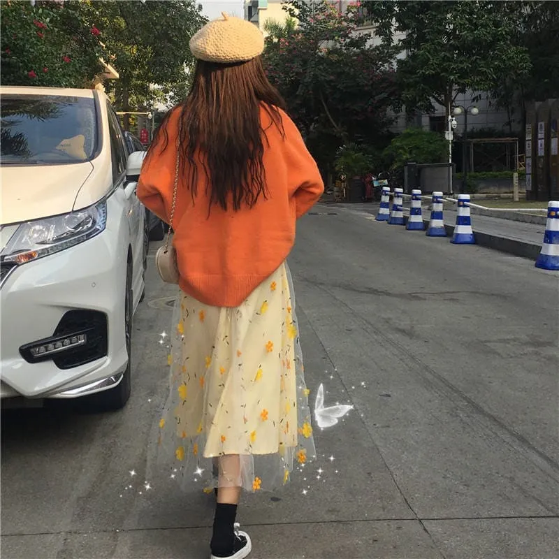 Cute Flower Embroidered Lace Mesh Skirt