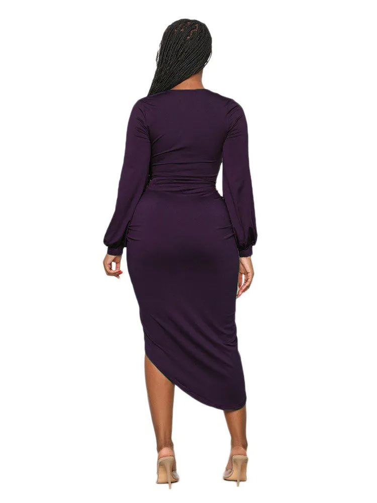 Deep V Neck Long Sleeve Ruched Midi Dresses