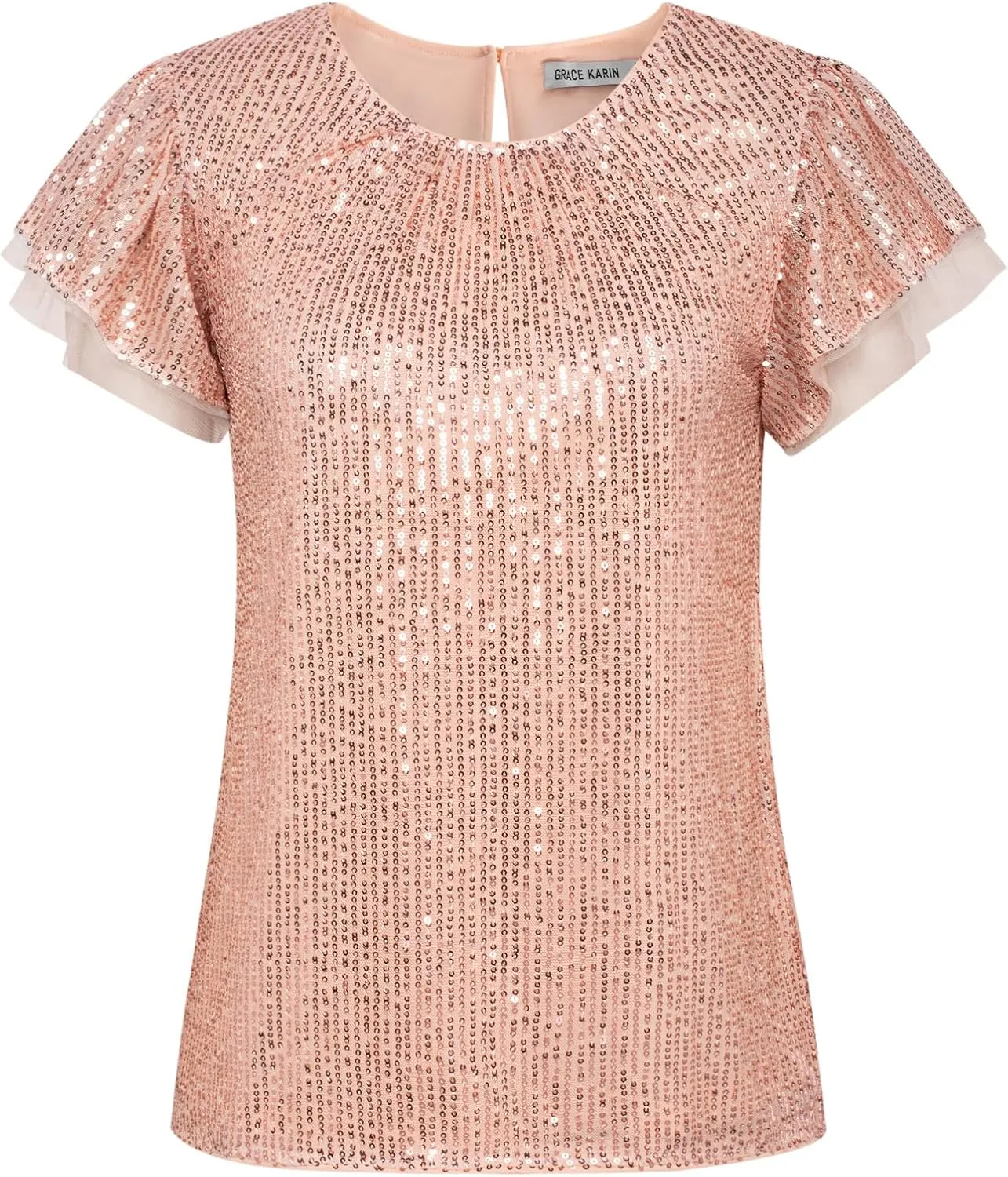 GRACE KARIN Women's Sparkly Sequin Tops Short Sleeve Glitter Dressy Blouses Round Neck Club Ruffle Party Tops