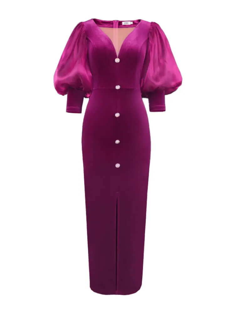 Lantern Sleeve Mesh Patchwork Split Midi Dresses