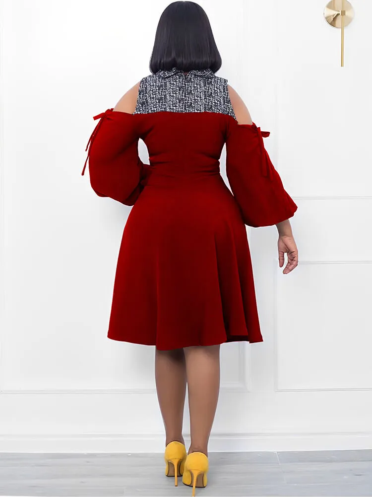 Lantern Sleeve Off Shoulder Print Midi Dresses