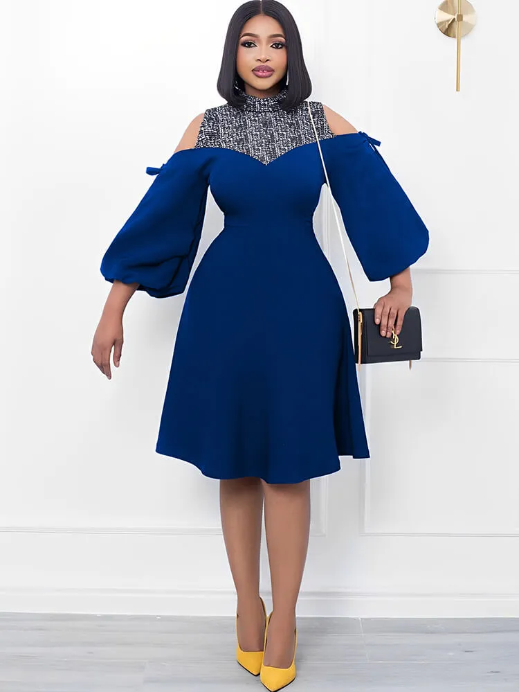 Lantern Sleeve Off Shoulder Print Midi Dresses