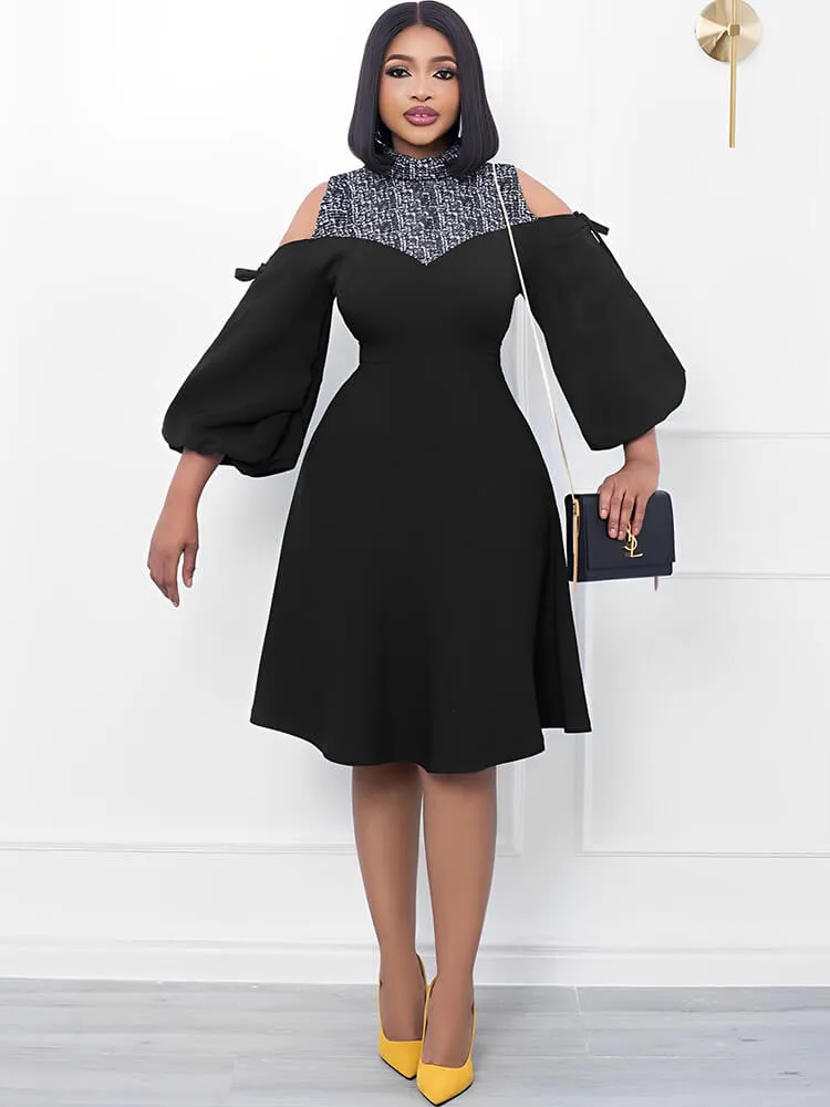 Lantern Sleeve Off Shoulder Print Midi Dresses
