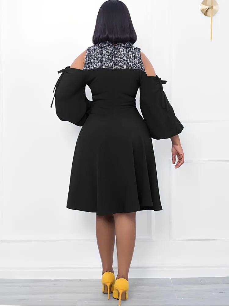 Lantern Sleeve Off Shoulder Print Midi Dresses