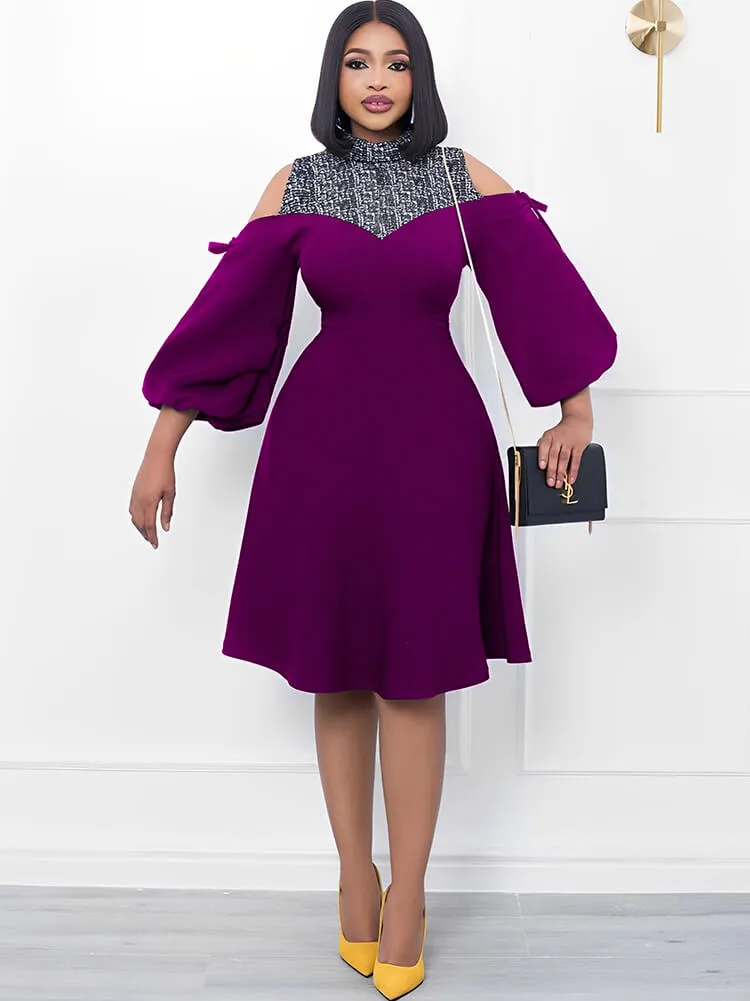 Lantern Sleeve Off Shoulder Print Midi Dresses
