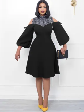 Lantern Sleeve Off Shoulder Print Midi Dresses