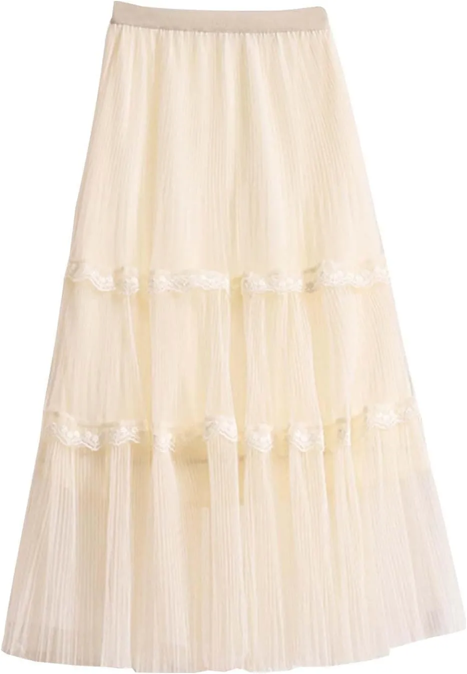 Long Skirts for Women Embroidered Lace Appliqué Sheer Mesh Casual Boho Maxi Skirt with Elastic Waist Tiered Ruffles