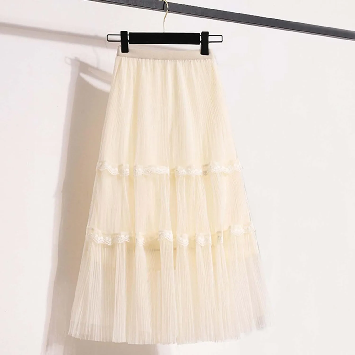 Long Skirts for Women Embroidered Lace Appliqué Sheer Mesh Casual Boho Maxi Skirt with Elastic Waist Tiered Ruffles
