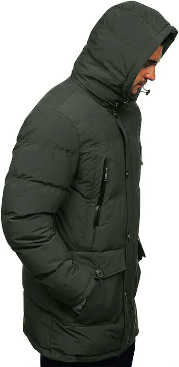 Mens Down Jacket Packable,Water Resistant Multi-Pockets Hooded Puffer Jacket Lightweight,Full Zip Up Warm Thicken Coat