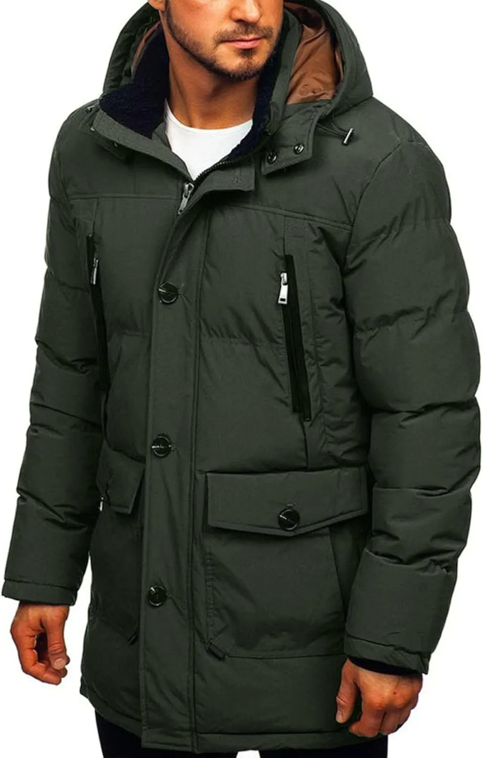 Mens Down Jacket Packable,Water Resistant Multi-Pockets Hooded Puffer Jacket Lightweight,Full Zip Up Warm Thicken Coat