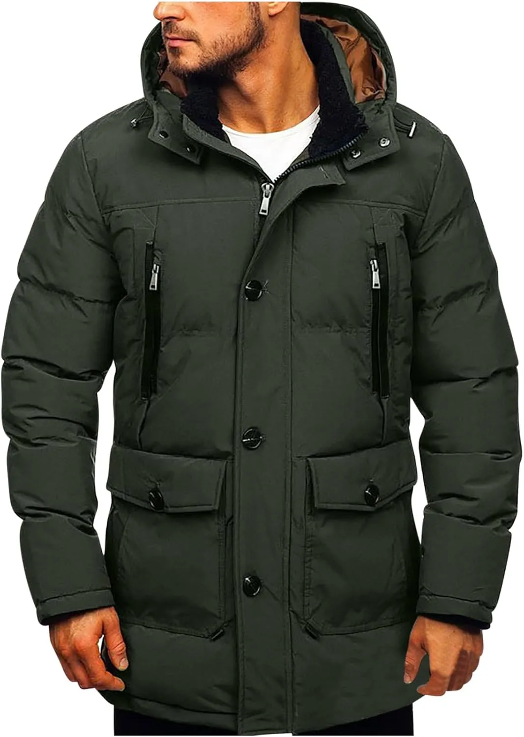 Mens Down Jacket Packable,Water Resistant Multi-Pockets Hooded Puffer Jacket Lightweight,Full Zip Up Warm Thicken Coat