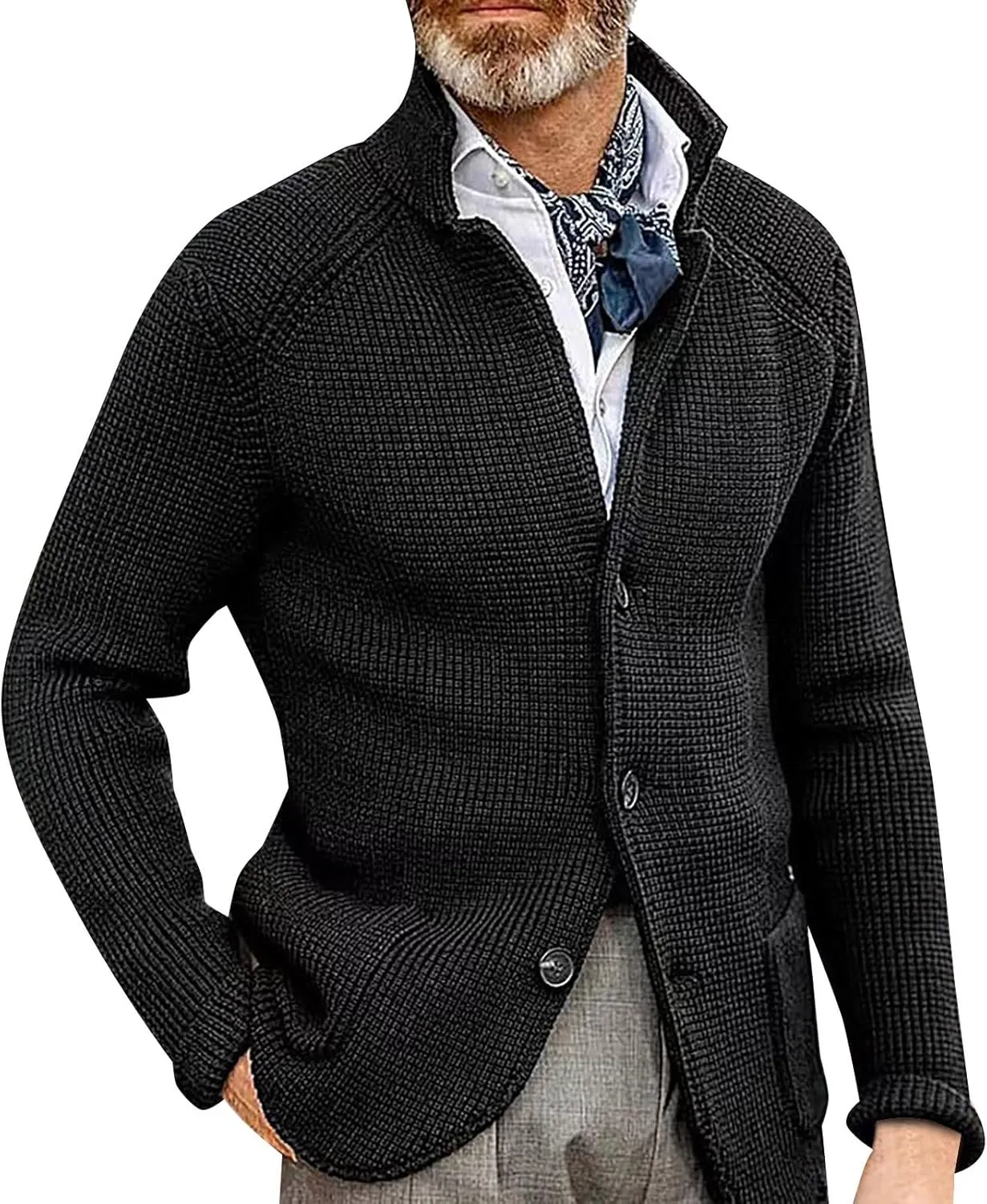 Mens Sweater Blazer Knitted Cardigan Sweater Sport Coat Casual Warm Stand Collar Chunky Button Down Wool Suit Jacket