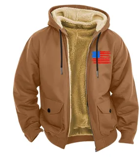 Mens Winter Coats Sherpa Fleece Jacket USA Flag Graphic Big and Tall Zip Up Outdoor Thicken Jacket with Pockets