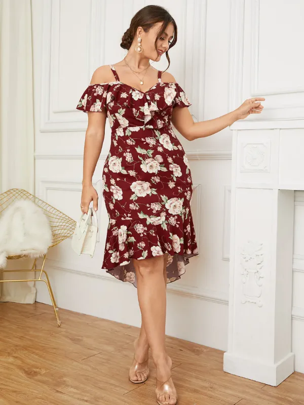 Plus Size Cold Shoulder Floral Print Ruffle Trim Dress