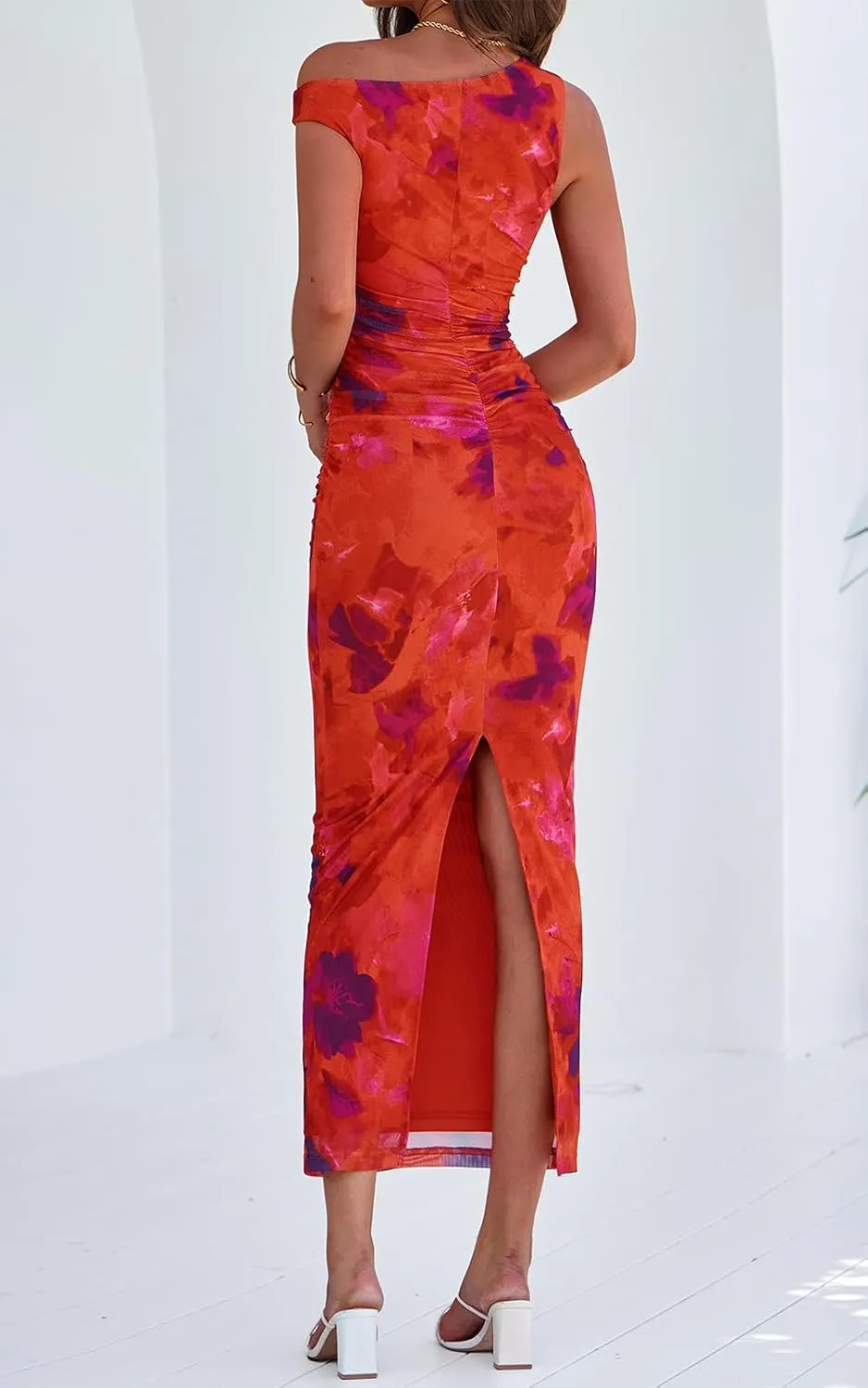 PRETTYGARDEN Women's 2025 Summer Floral One Shoulder Maxi Dress Wedding Guest Ruched Mesh Bodycon Long Cocktail Dresses