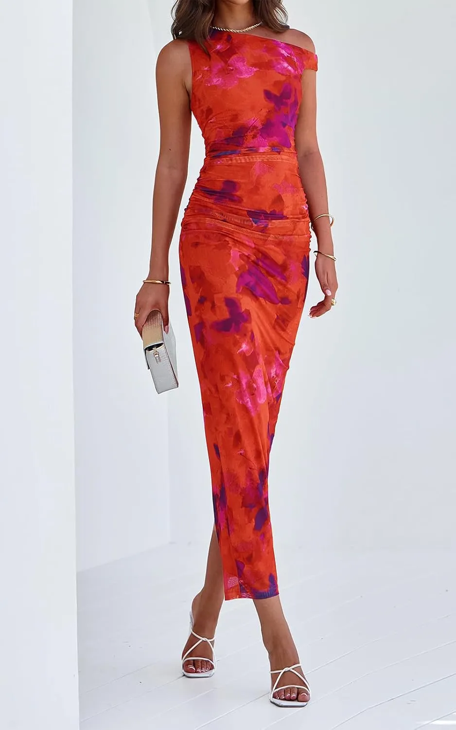 PRETTYGARDEN Women's 2025 Summer Floral One Shoulder Maxi Dress Wedding Guest Ruched Mesh Bodycon Long Cocktail Dresses