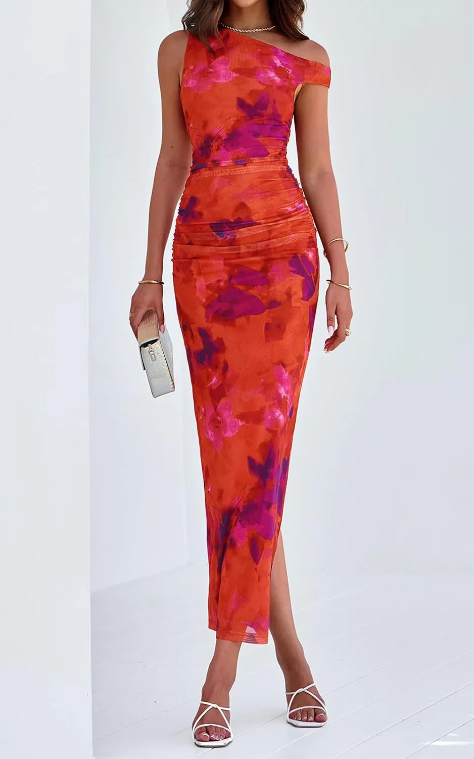 PRETTYGARDEN Women's 2025 Summer Floral One Shoulder Maxi Dress Wedding Guest Ruched Mesh Bodycon Long Cocktail Dresses