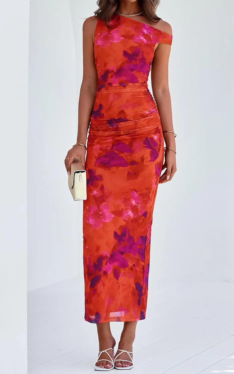 PRETTYGARDEN Women's 2025 Summer Floral One Shoulder Maxi Dress Wedding Guest Ruched Mesh Bodycon Long Cocktail Dresses