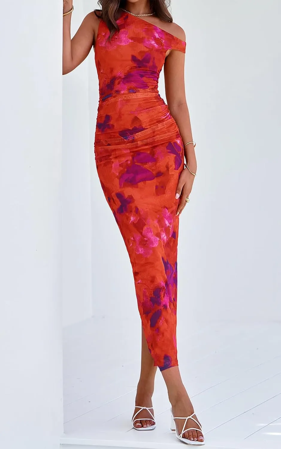 PRETTYGARDEN Women's 2025 Summer Floral One Shoulder Maxi Dress Wedding Guest Ruched Mesh Bodycon Long Cocktail Dresses