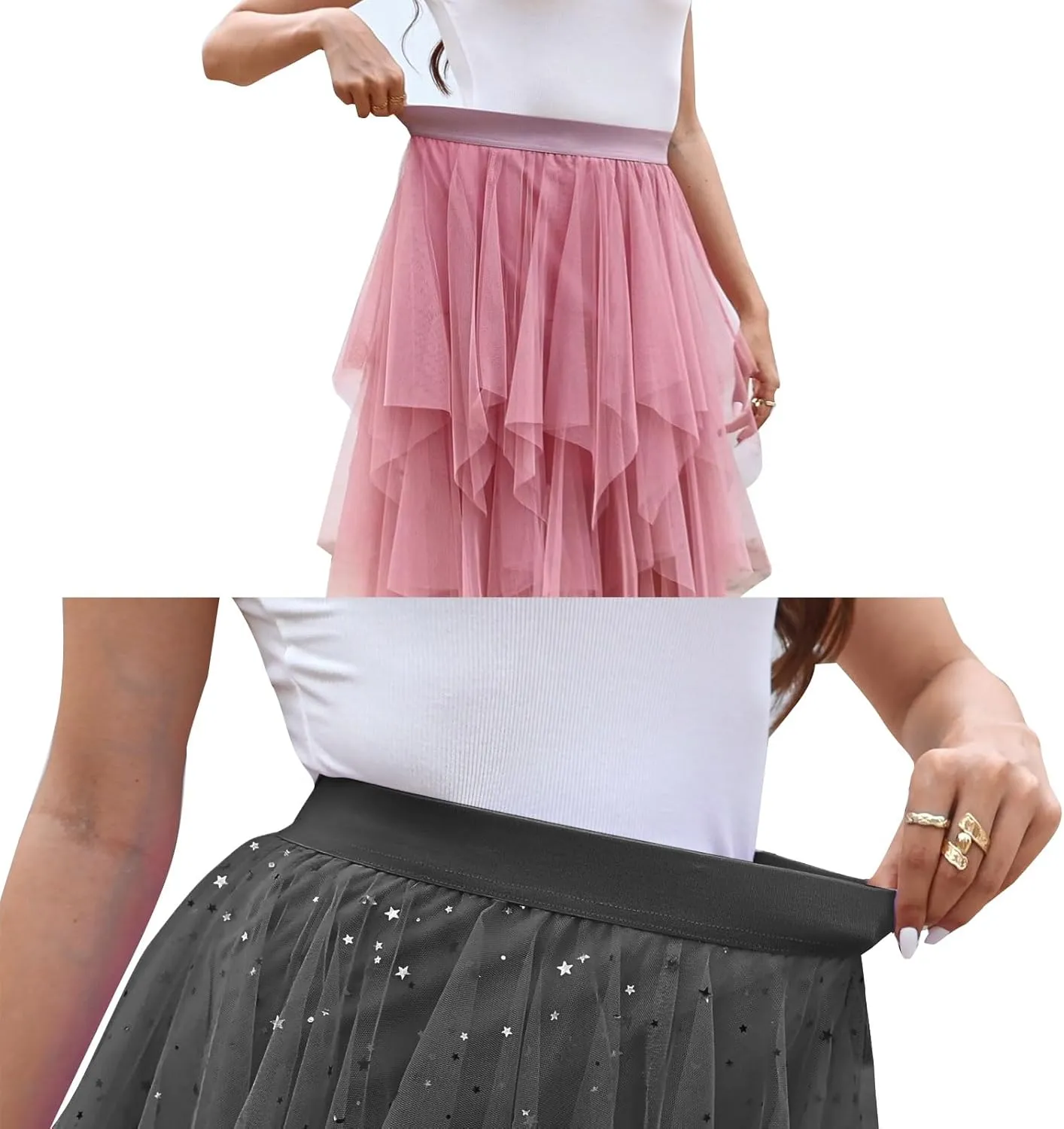PUKAVT Tulle Skirts for Women High Waist Elastic Midi Skirt A-line Irregular Layered Mesh Tutu Skirts