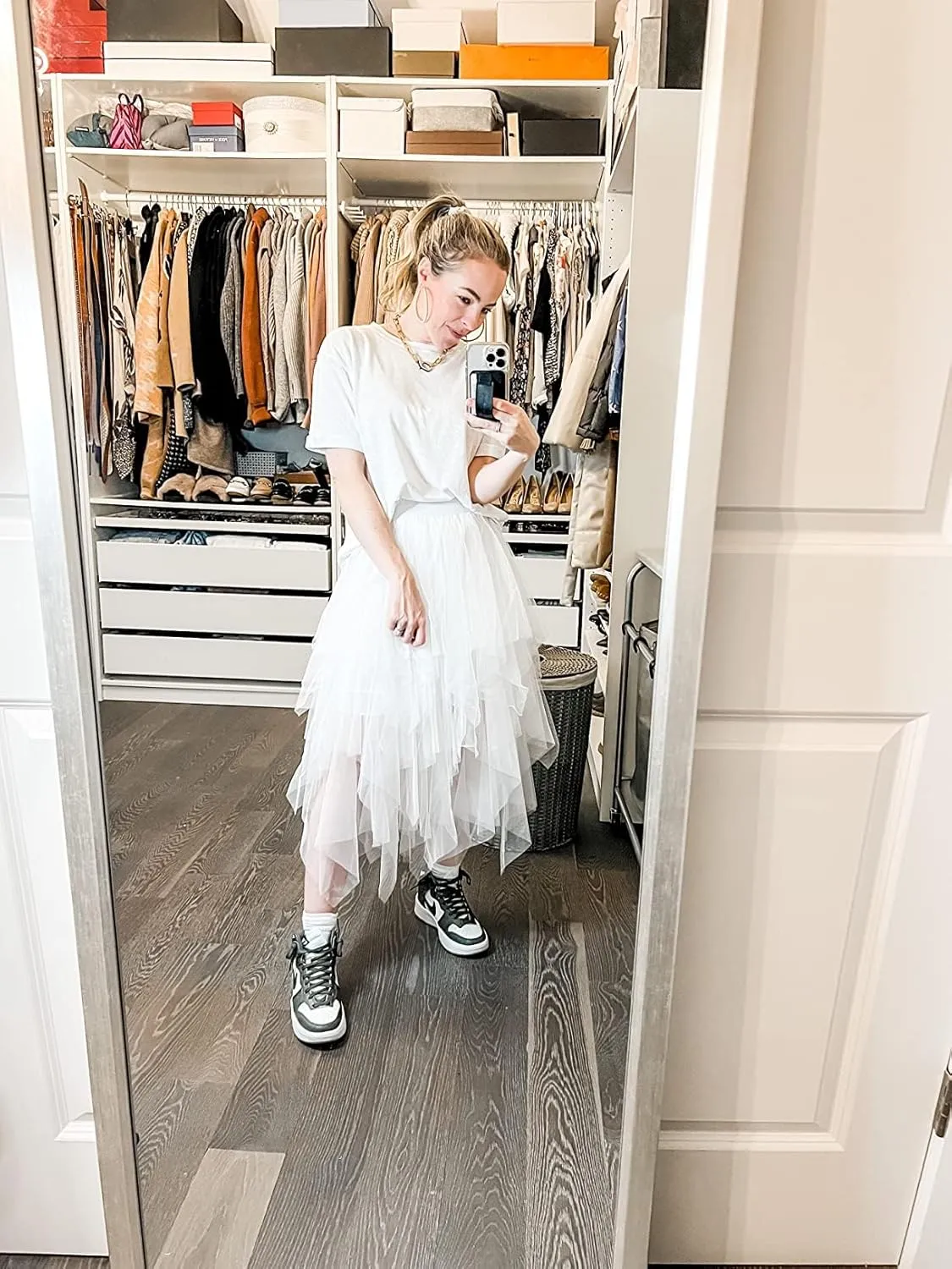 PUKAVT Tulle Skirts for Women High Waist Elastic Midi Skirt A-line Irregular Layered Mesh Tutu Skirts