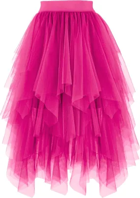 PUKAVT Tulle Skirts for Women High Waist Elastic Midi Skirt A-line Irregular Layered Mesh Tutu Skirts
