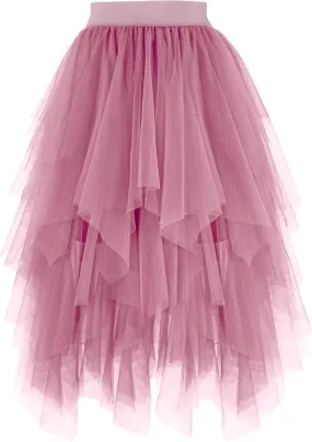 PUKAVT Tulle Skirts for Women High Waist Elastic Midi Skirt A-line Irregular Layered Mesh Tutu Skirts