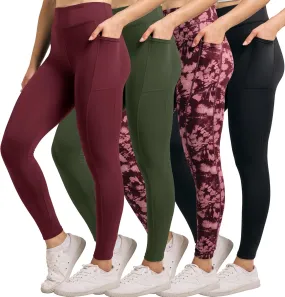 Real Essentials 4-Pack: Women's Full Length Fitted Athletic Yoga Performance Leggings with Pockets (Available in Plus Size)