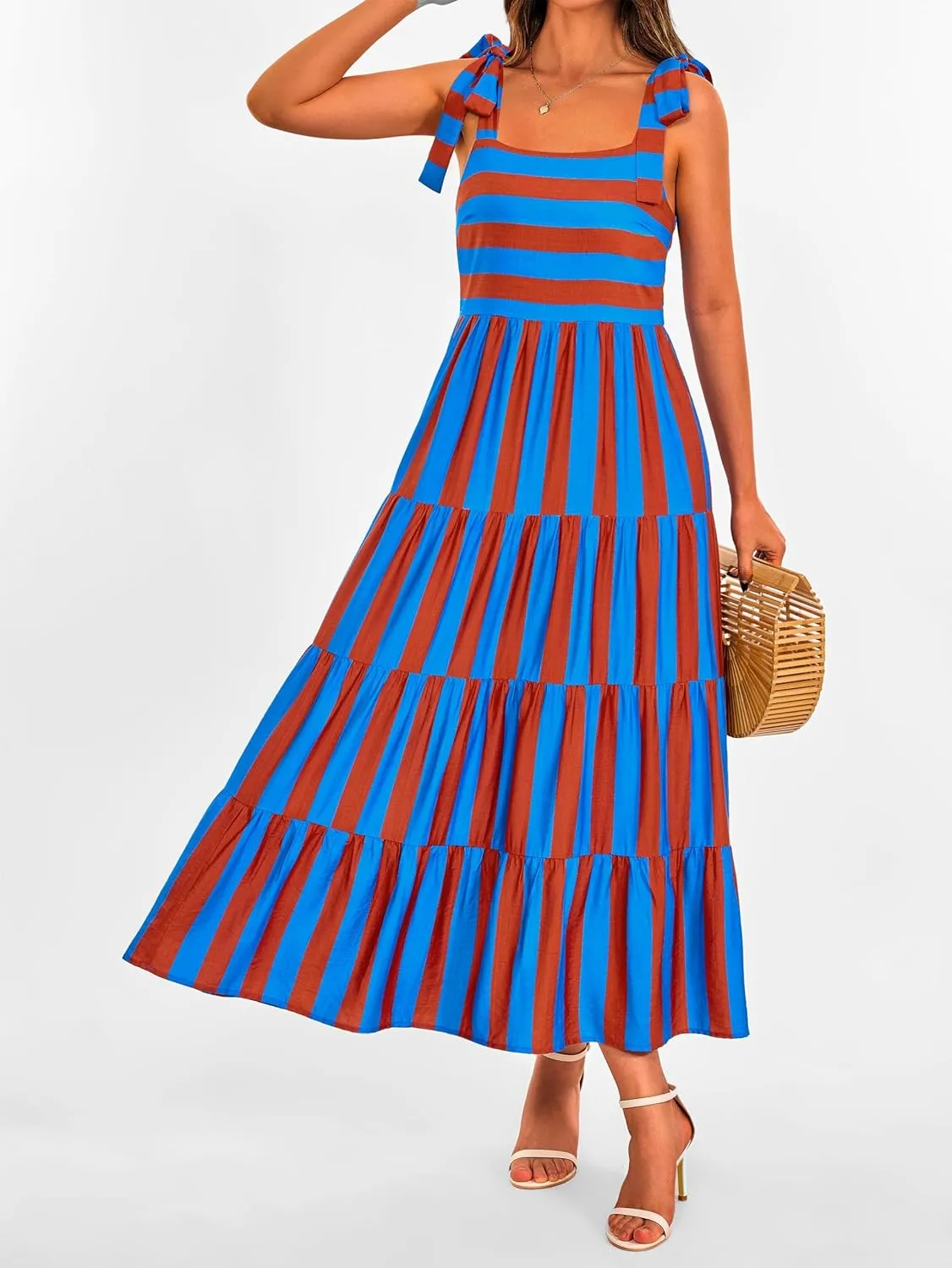 Striped Maxi Dress for Women Sexy Sleeveless Tie Shoulder Boho Flowy Smocked Dresses Empire Waist Tiered Long Dresses