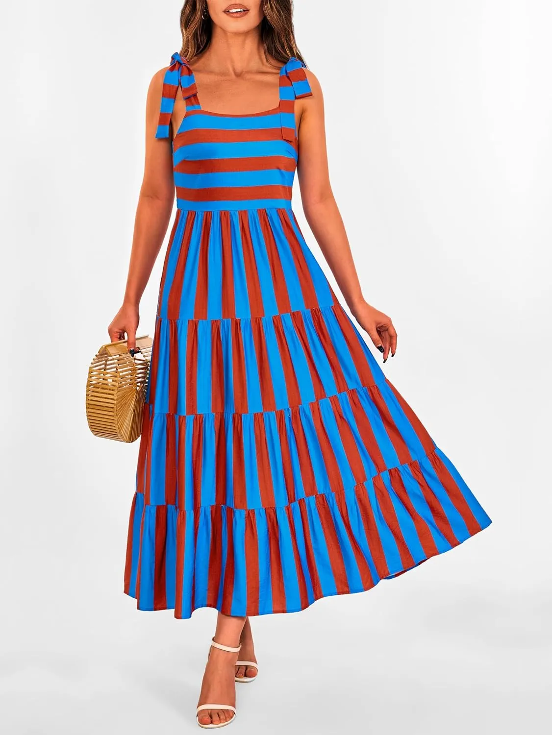 Striped Maxi Dress for Women Sexy Sleeveless Tie Shoulder Boho Flowy Smocked Dresses Empire Waist Tiered Long Dresses