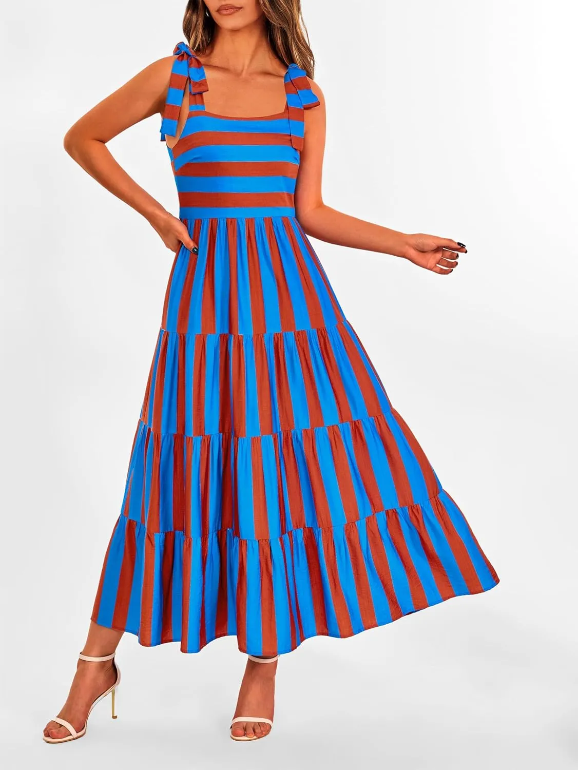 Striped Maxi Dress for Women Sexy Sleeveless Tie Shoulder Boho Flowy Smocked Dresses Empire Waist Tiered Long Dresses