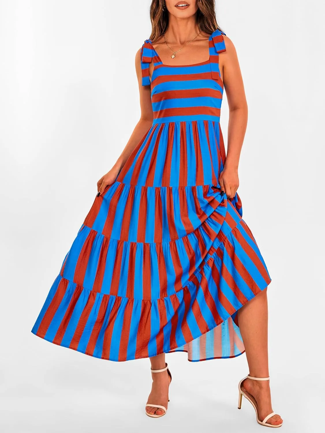 Striped Maxi Dress for Women Sexy Sleeveless Tie Shoulder Boho Flowy Smocked Dresses Empire Waist Tiered Long Dresses