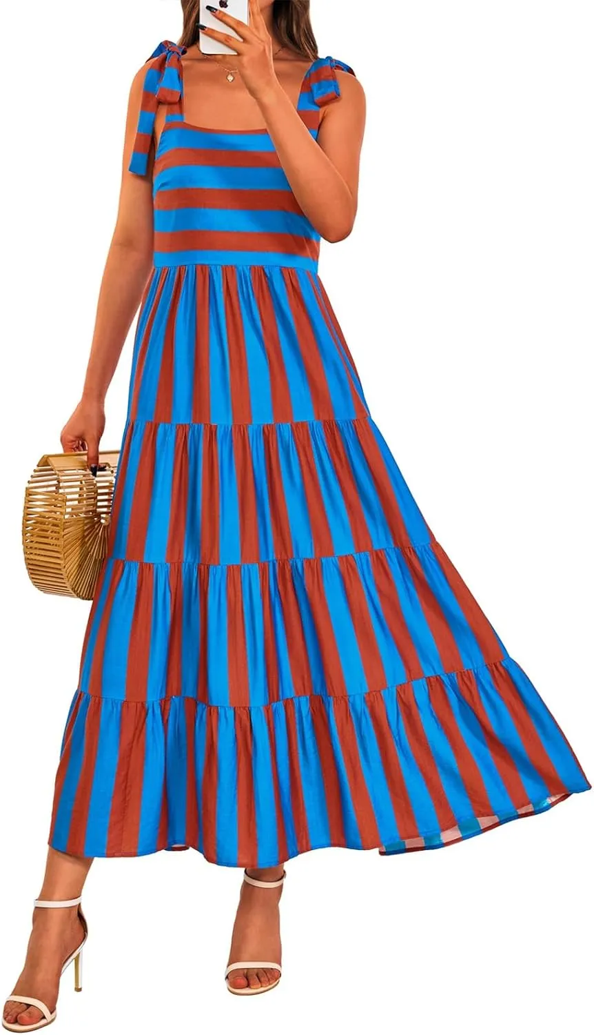 Striped Maxi Dress for Women Sexy Sleeveless Tie Shoulder Boho Flowy Smocked Dresses Empire Waist Tiered Long Dresses