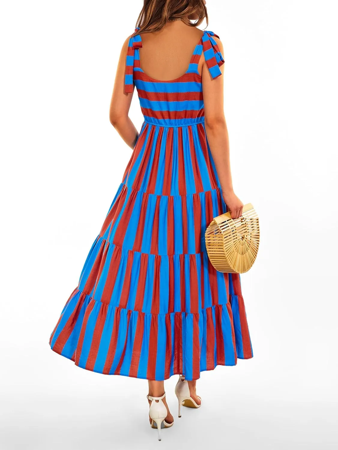 Striped Maxi Dress for Women Sexy Sleeveless Tie Shoulder Boho Flowy Smocked Dresses Empire Waist Tiered Long Dresses