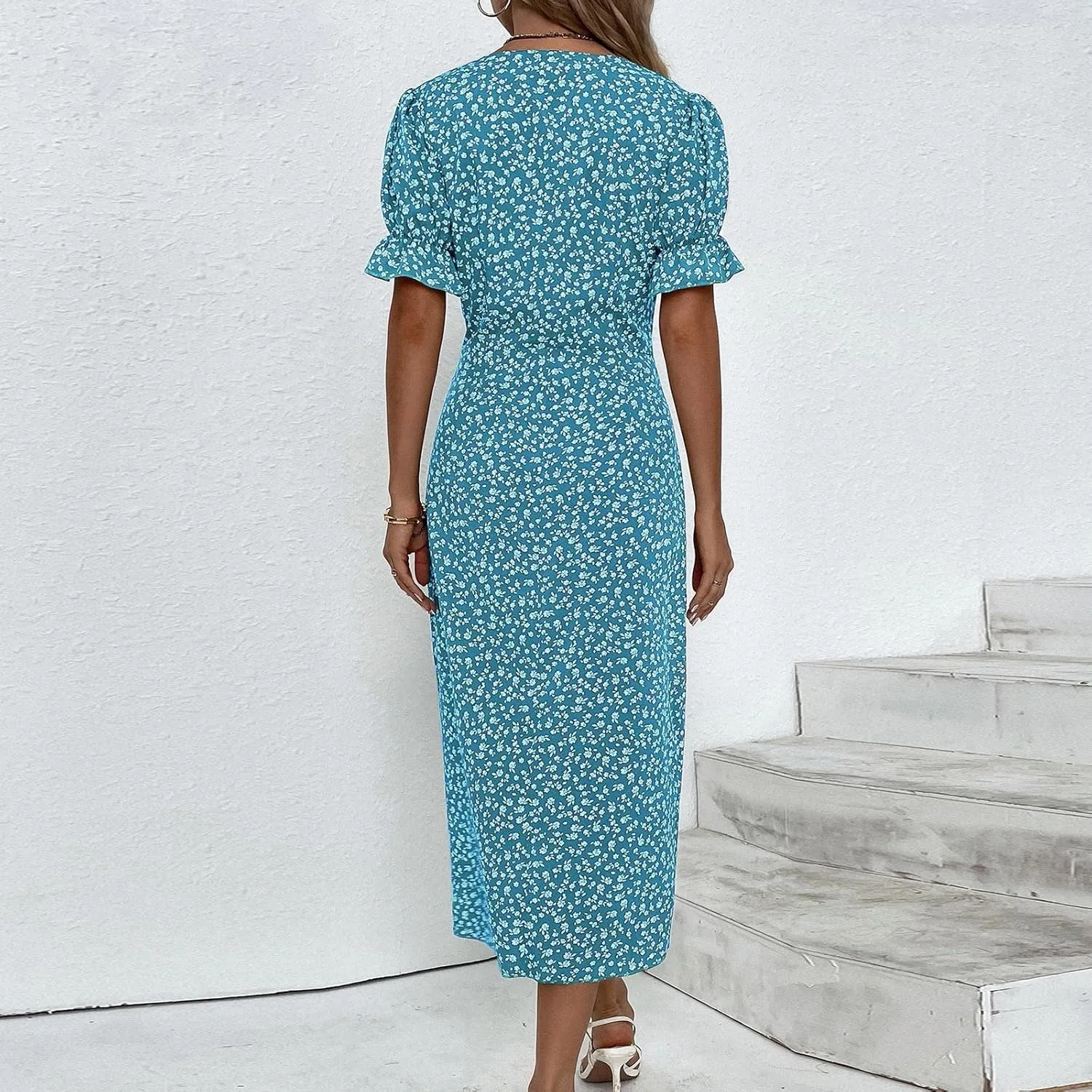 Summer Dresses for Women 2025 Vacation, Casual Side Button Up Boho Floral Dress Wrap V Neck Short Sleeve Midi Sun Dresses